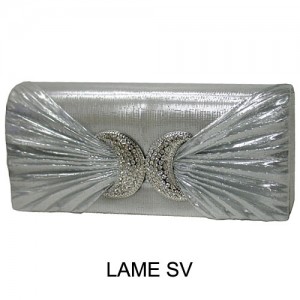 Evening Bag - 12 PCS - Satin Pleated W/ Rhinestone Accent Charm - Metallic Silver - BG-EBS1156SV